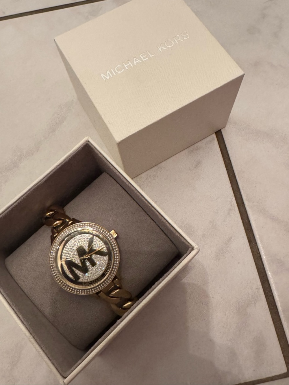 Michael Kors Gold Pavé MK Logo Chain-Link Bracelet Watch